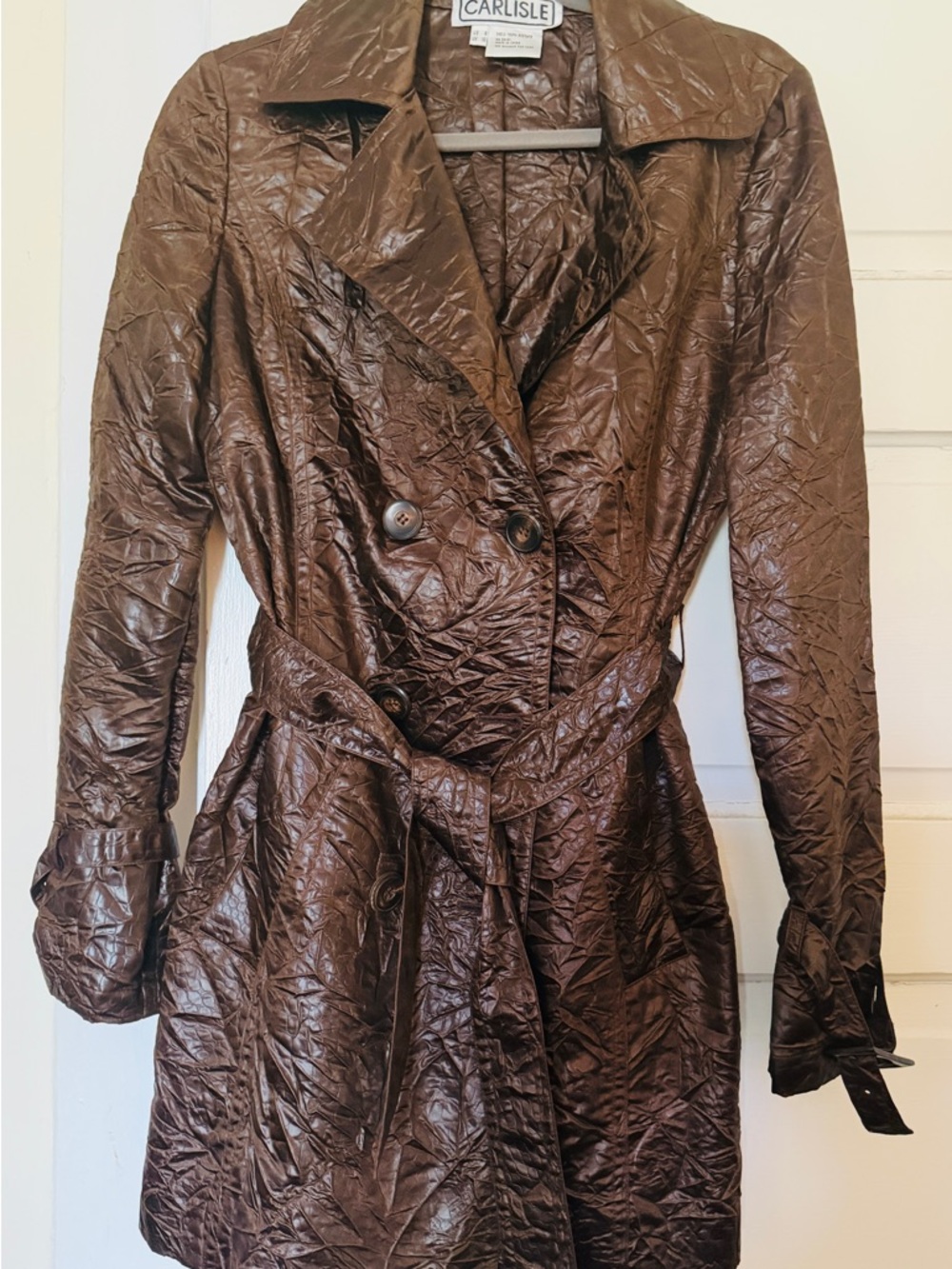 Carlisle Dark Brown Crinkled Double-Breasted Trench Coat with Belt